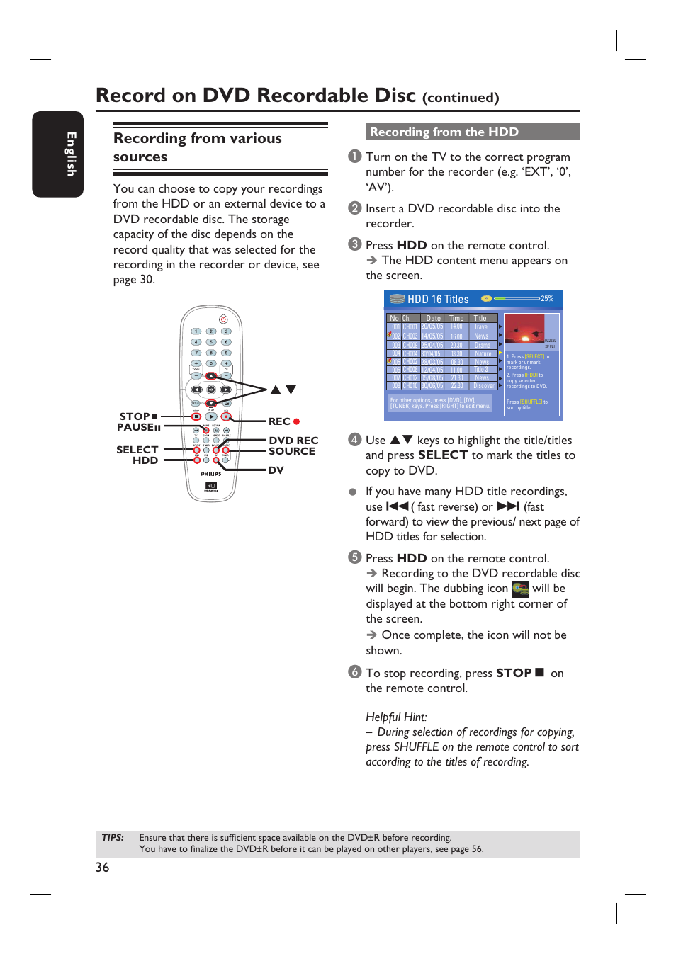 Record on dvd recordable disc, Recording from various sources, Continued) | English, Recording from the hdd, Insert a dvd recordable disc into the recorder | Philips DVDR3360H User Manual | Page 36 / 73