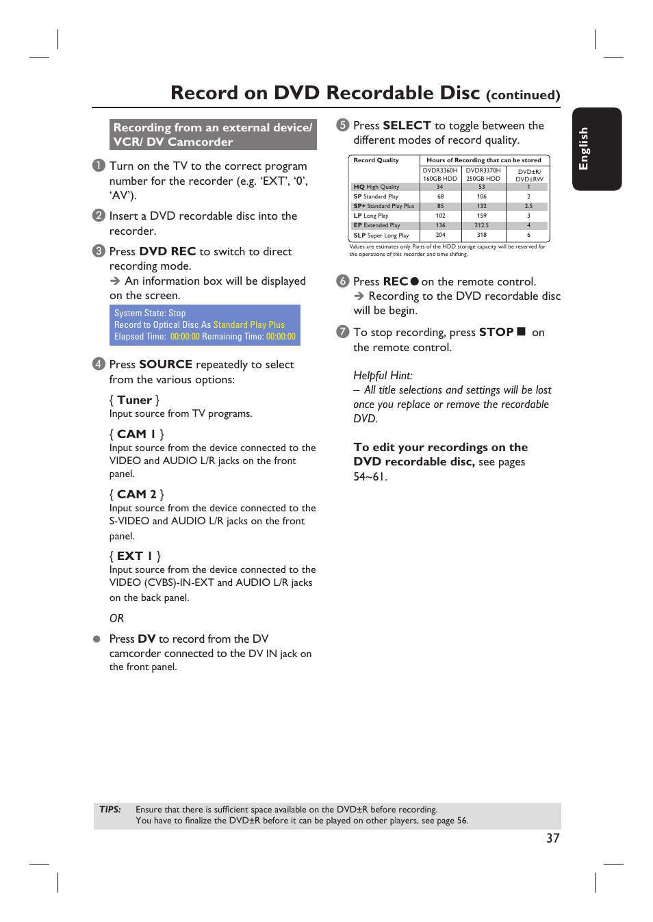 Record on dvd recordable disc, Continued) | Philips DVDR3360H User Manual | Page 37 / 73