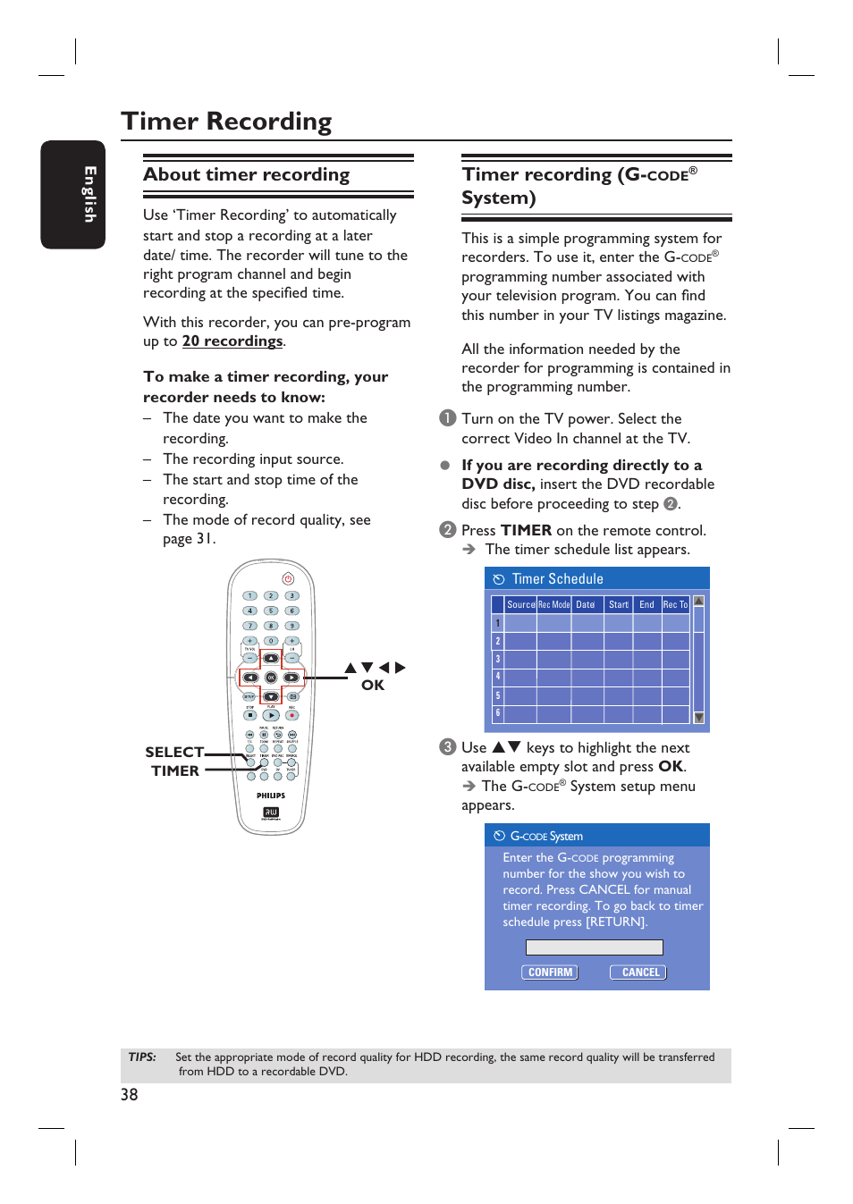 Timer recording, About timer recording, Timer recording (g | System) | Philips DVDR3360H User Manual | Page 38 / 73