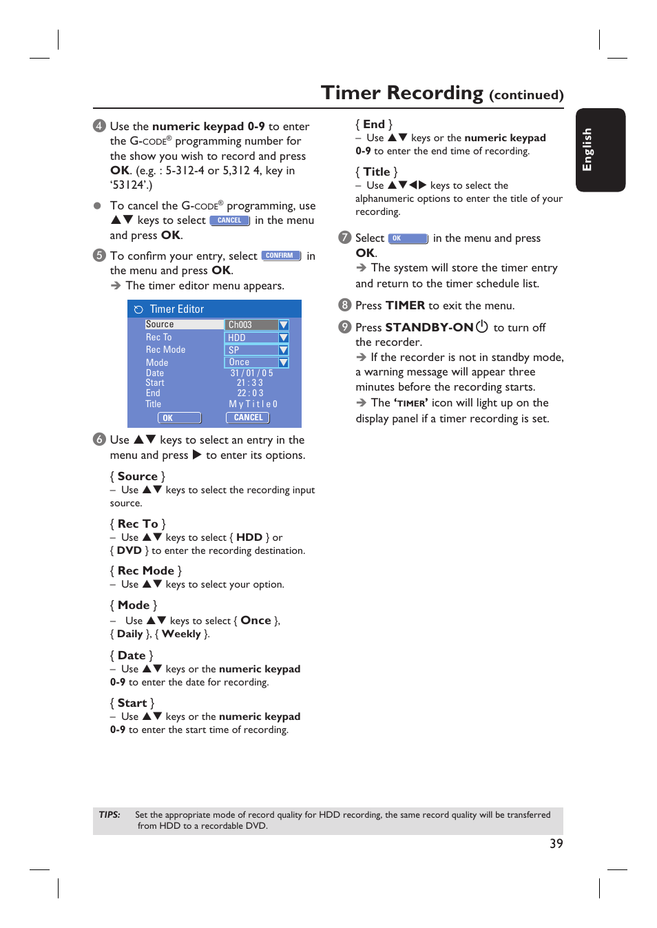 Timer recording, Continued) | Philips DVDR3360H User Manual | Page 39 / 73