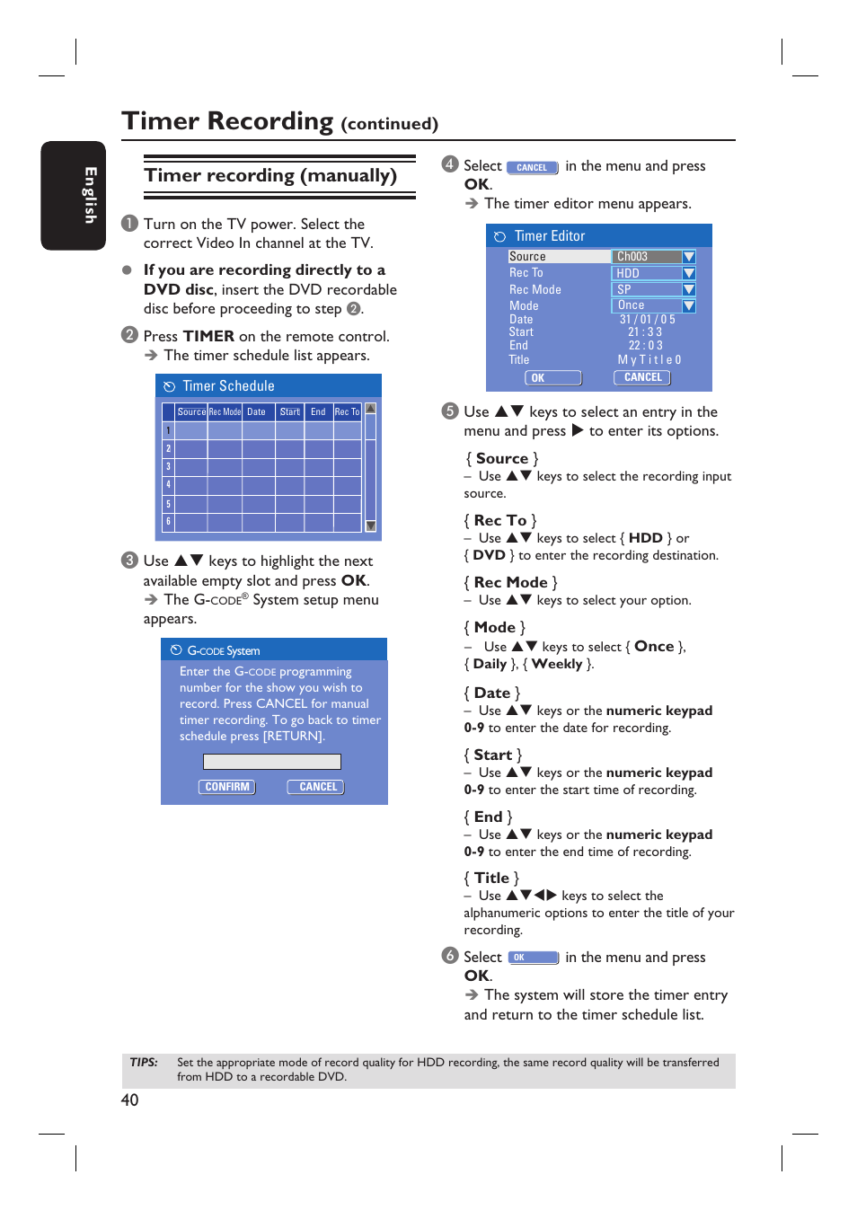 Timer recording, Timer recording (manually), Continued) | Philips DVDR3360H User Manual | Page 40 / 73