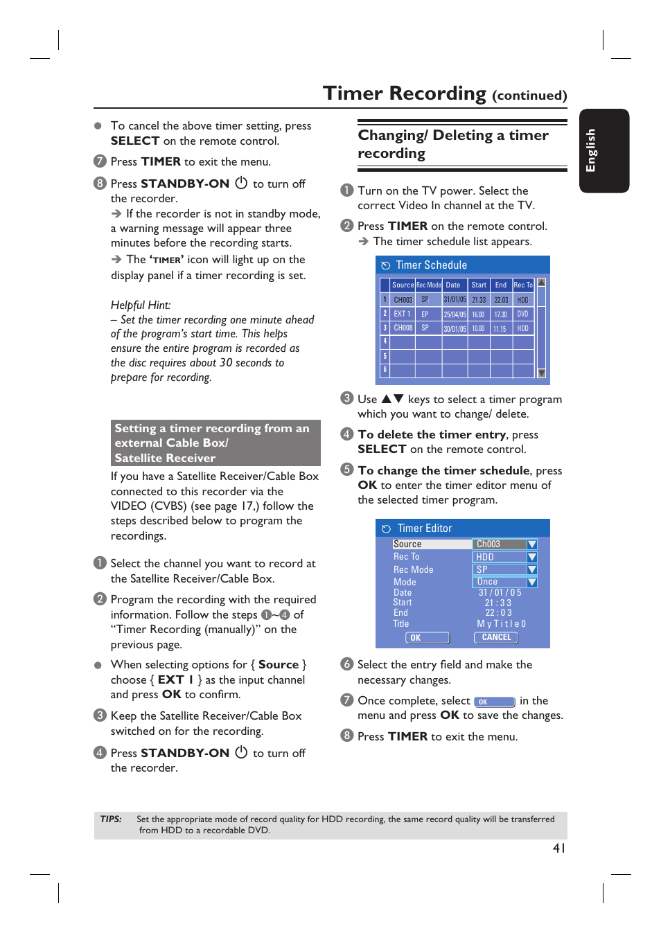 Timer recording, Changing/ deleting a timer recording, Continued) | Philips DVDR3360H User Manual | Page 41 / 73