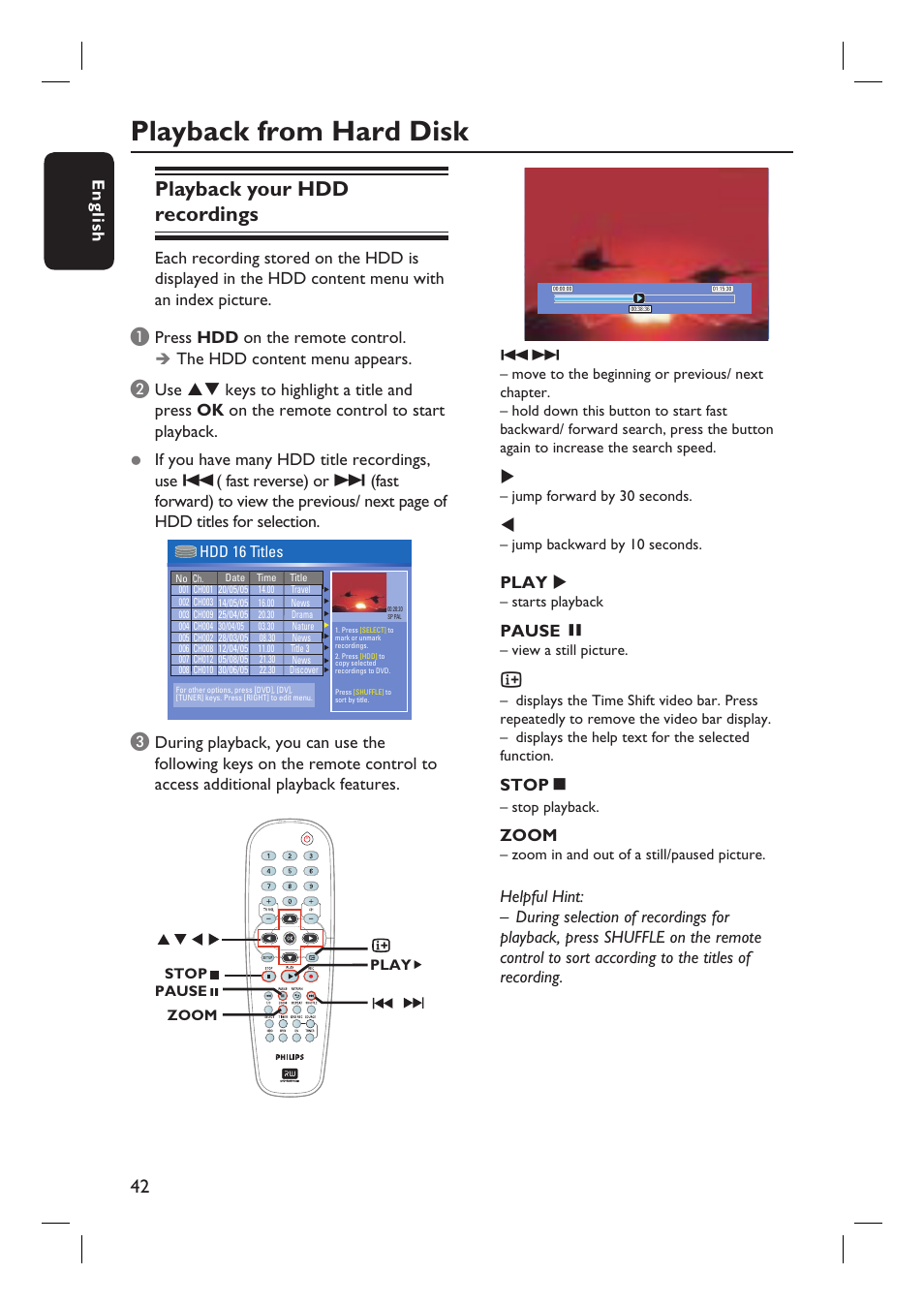 Playback from hard disk, Playback your hdd recordings, English | Play, Pause, Stop ç, Zoom | Philips DVDR3360H User Manual | Page 42 / 73