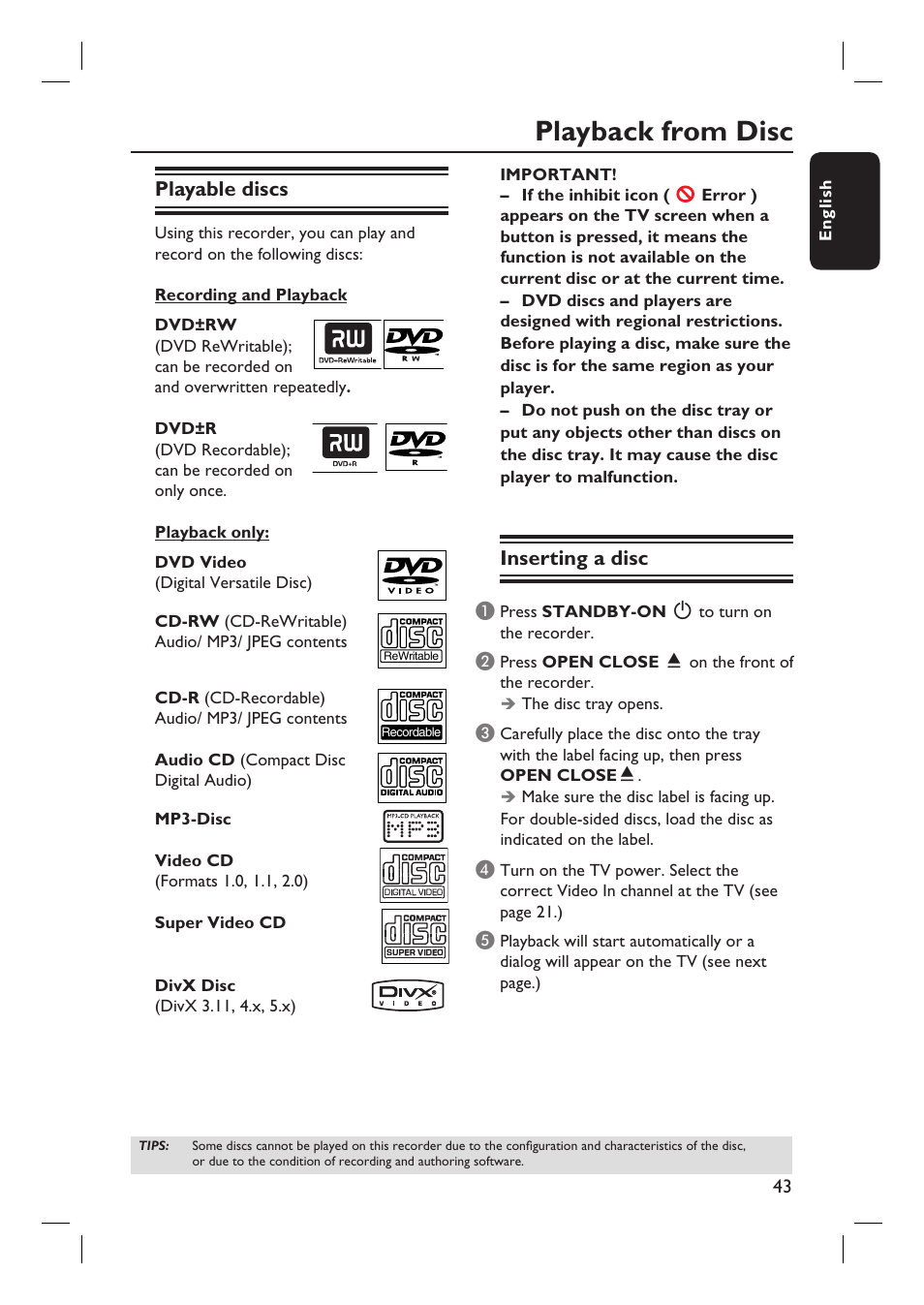 Playback from disc, Playable discs, Inserting a disc | Philips DVDR3360H User Manual | Page 43 / 73