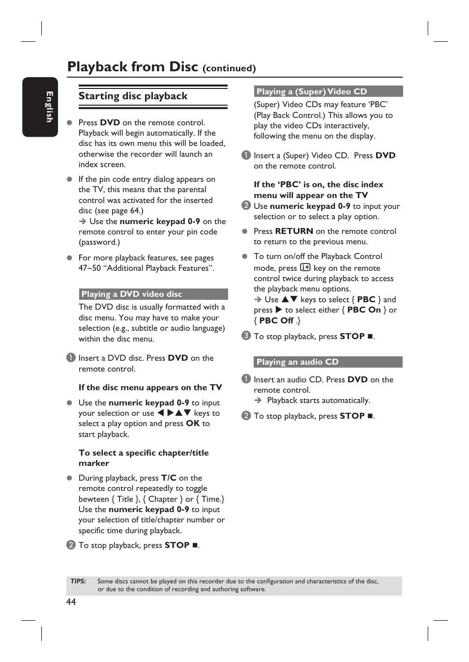 Playback from disc, Starting disc playback | Philips DVDR3360H User Manual | Page 44 / 73