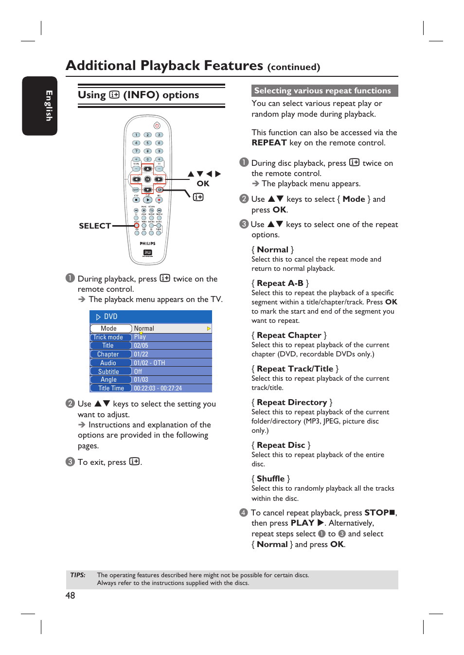 Additional playback features, Using, Info) options | Philips DVDR3360H User Manual | Page 48 / 73