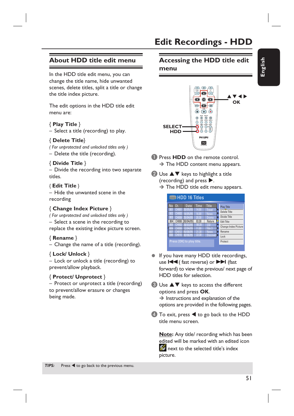 Edit recordings - hdd, About hdd title edit menu, Accessing the hdd title edit menu | English, Edit title | Philips DVDR3360H User Manual | Page 51 / 73