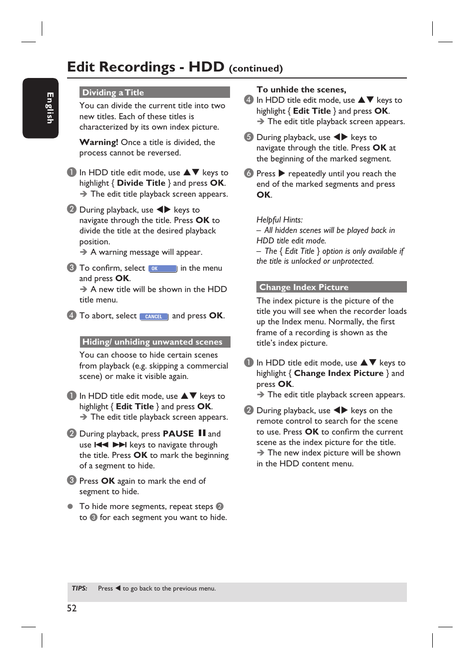 Edit recordings - hdd | Philips DVDR3360H User Manual | Page 52 / 73