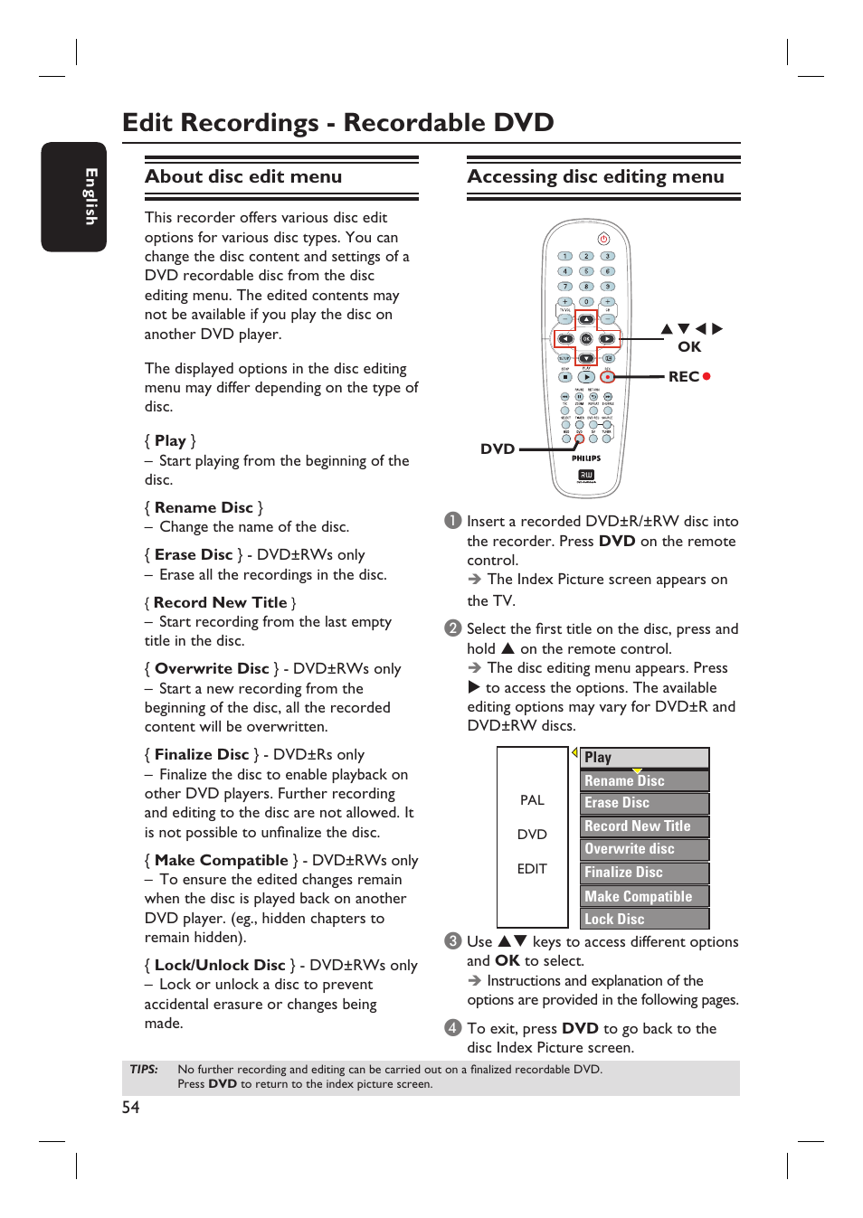 Edit recordings - recordable dvd, About disc edit menu, Accessing disc editing menu | Philips DVDR3360H User Manual | Page 54 / 73