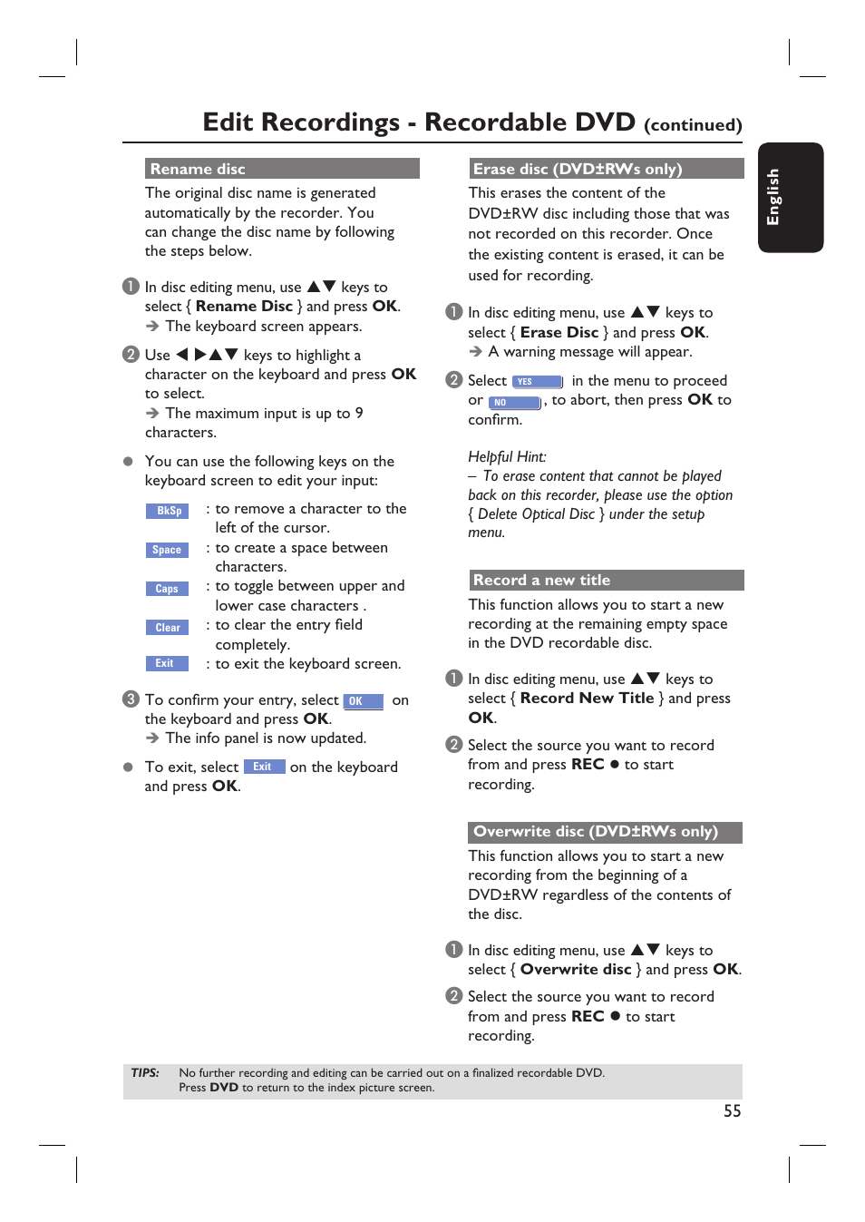 Edit recordings - recordable dvd | Philips DVDR3360H User Manual | Page 55 / 73