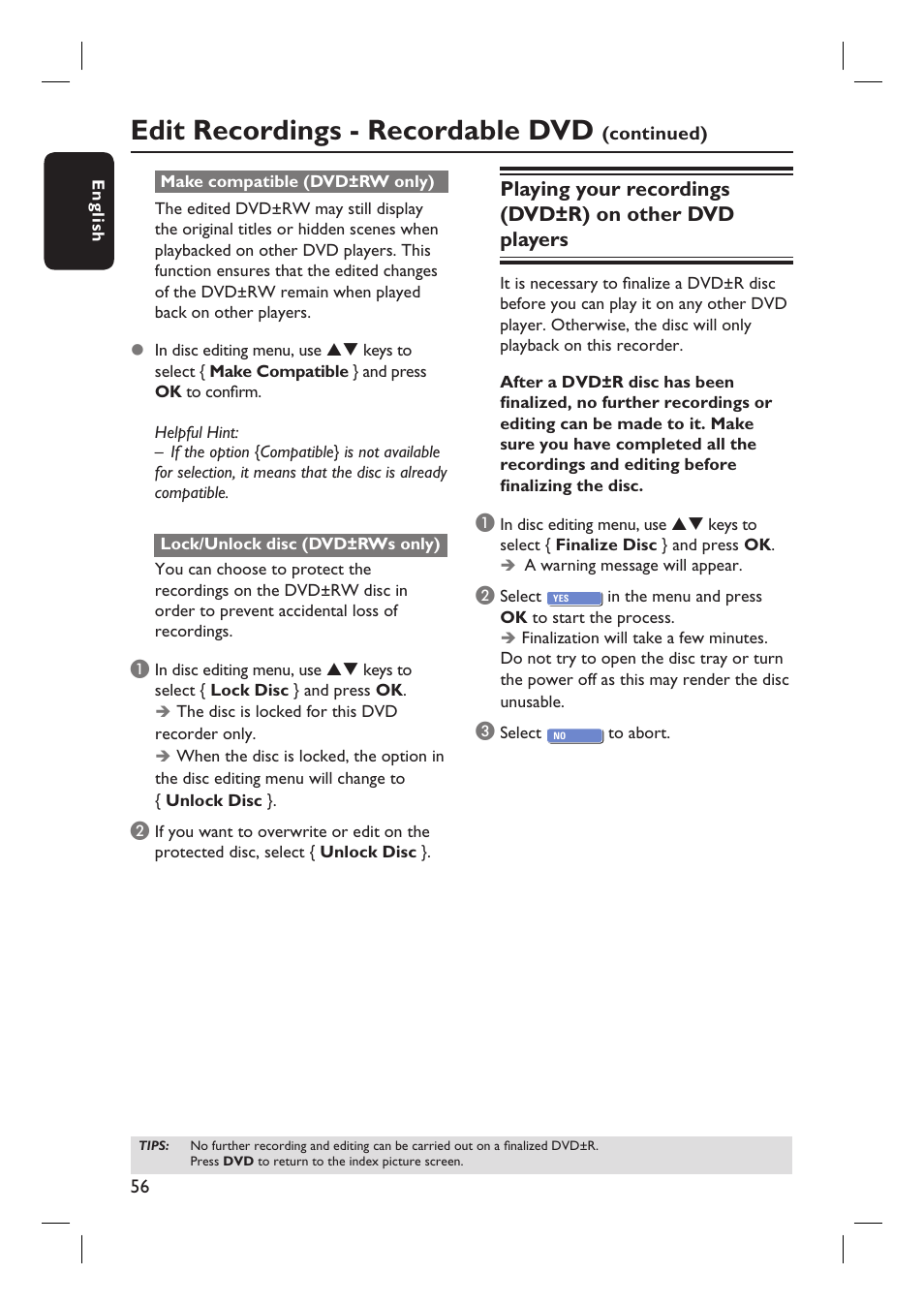 Edit recordings - recordable dvd | Philips DVDR3360H User Manual | Page 56 / 73