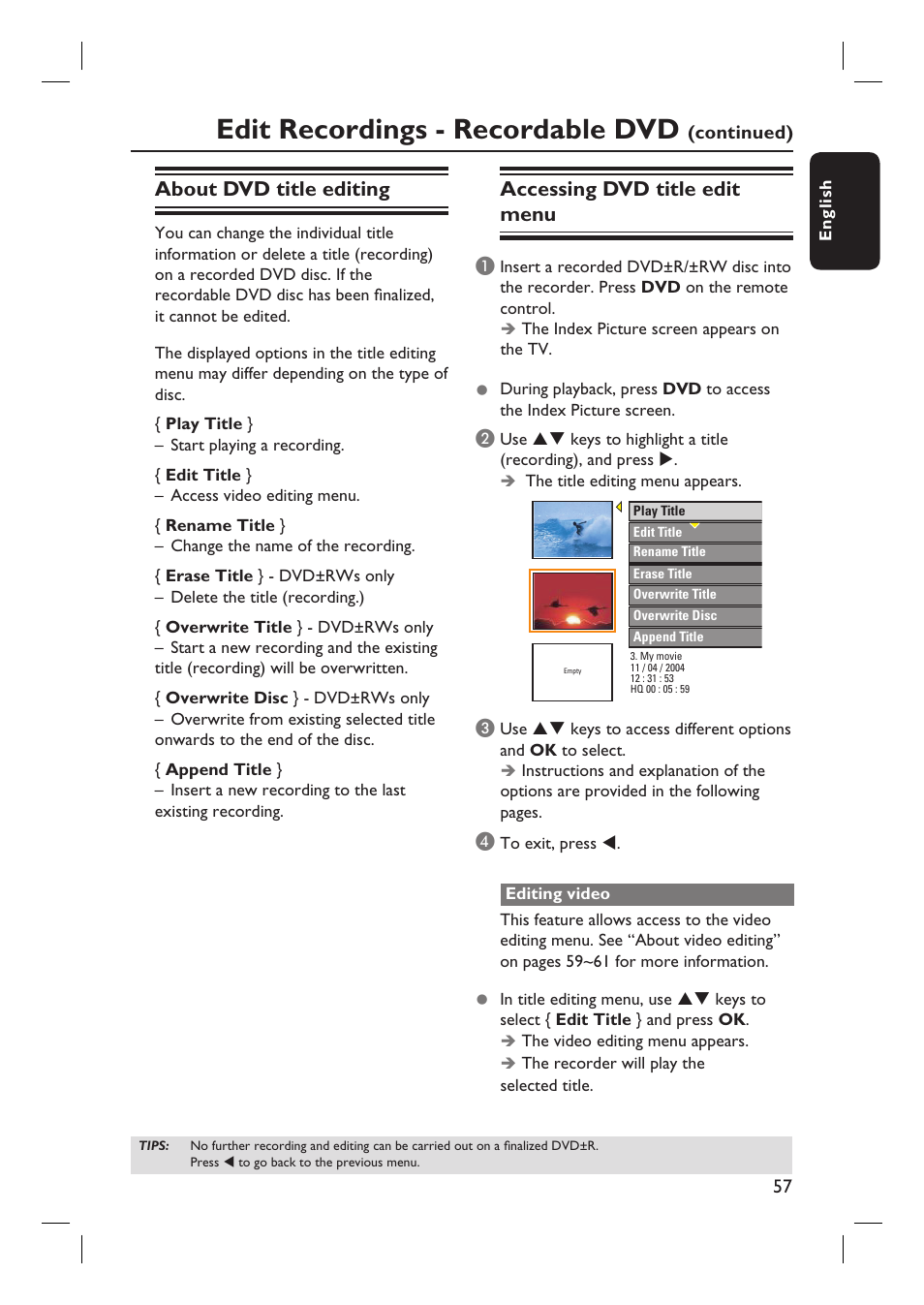 Edit recordings - recordable dvd, About dvd title editing, Accessing dvd title edit menu | Philips DVDR3360H User Manual | Page 57 / 73