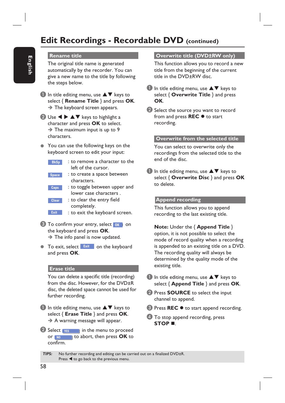 Edit recordings - recordable dvd | Philips DVDR3360H User Manual | Page 58 / 73