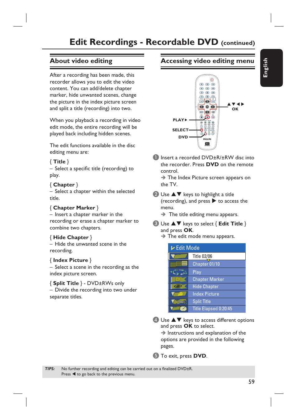 Edit recordings - recordable dvd, About video editing, Accessing video editing menu | Philips DVDR3360H User Manual | Page 59 / 73