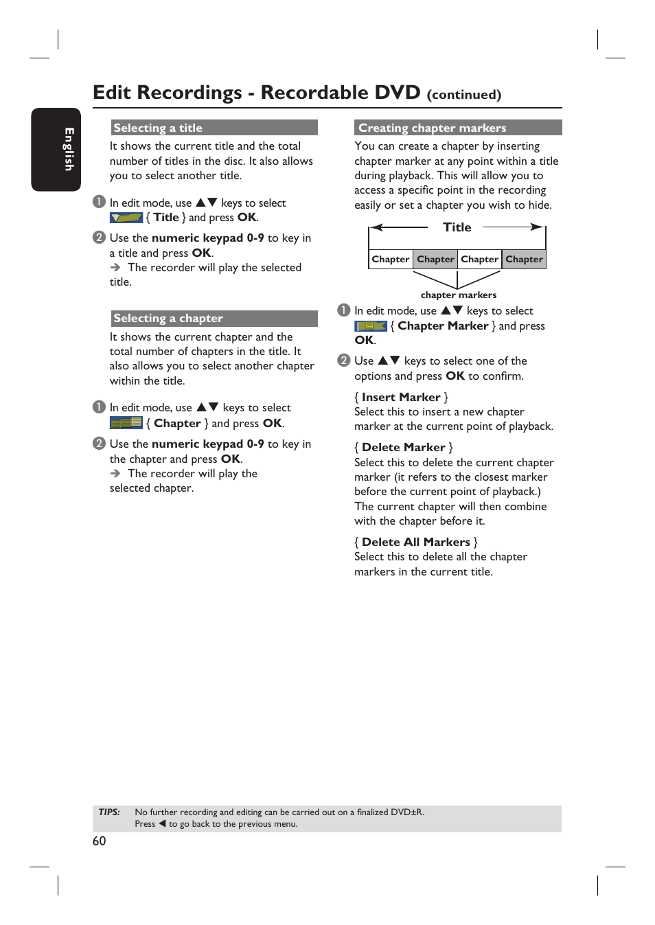 Edit recordings - recordable dvd | Philips DVDR3360H User Manual | Page 60 / 73