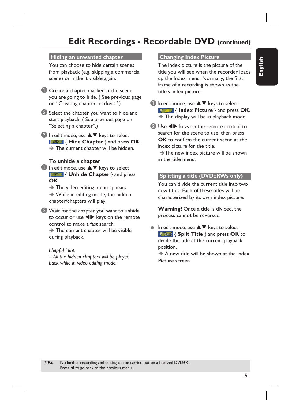 Edit recordings - recordable dvd | Philips DVDR3360H User Manual | Page 61 / 73