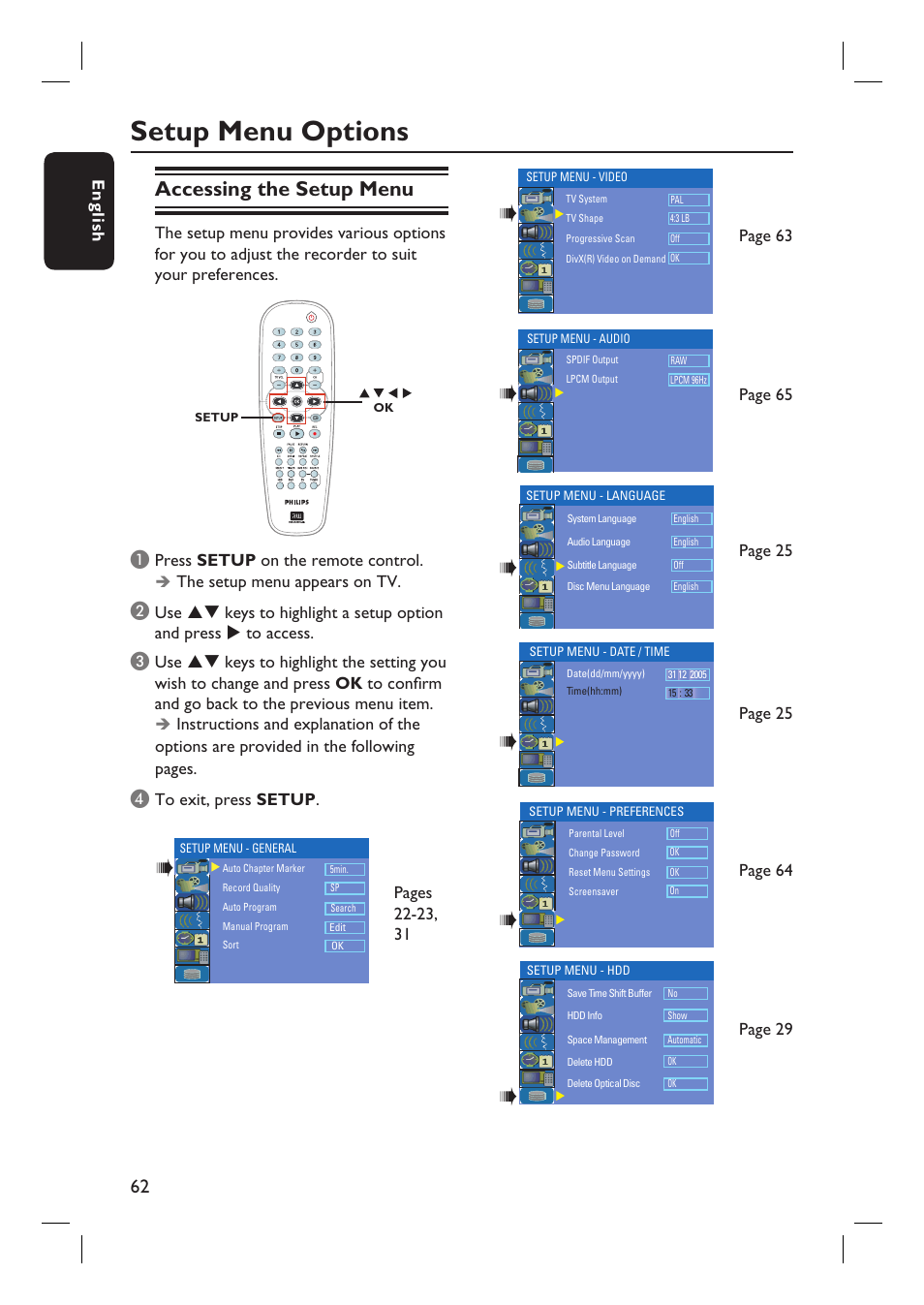 Setup menu options, Accessing the setup menu, English | Philips DVDR3360H User Manual | Page 62 / 73