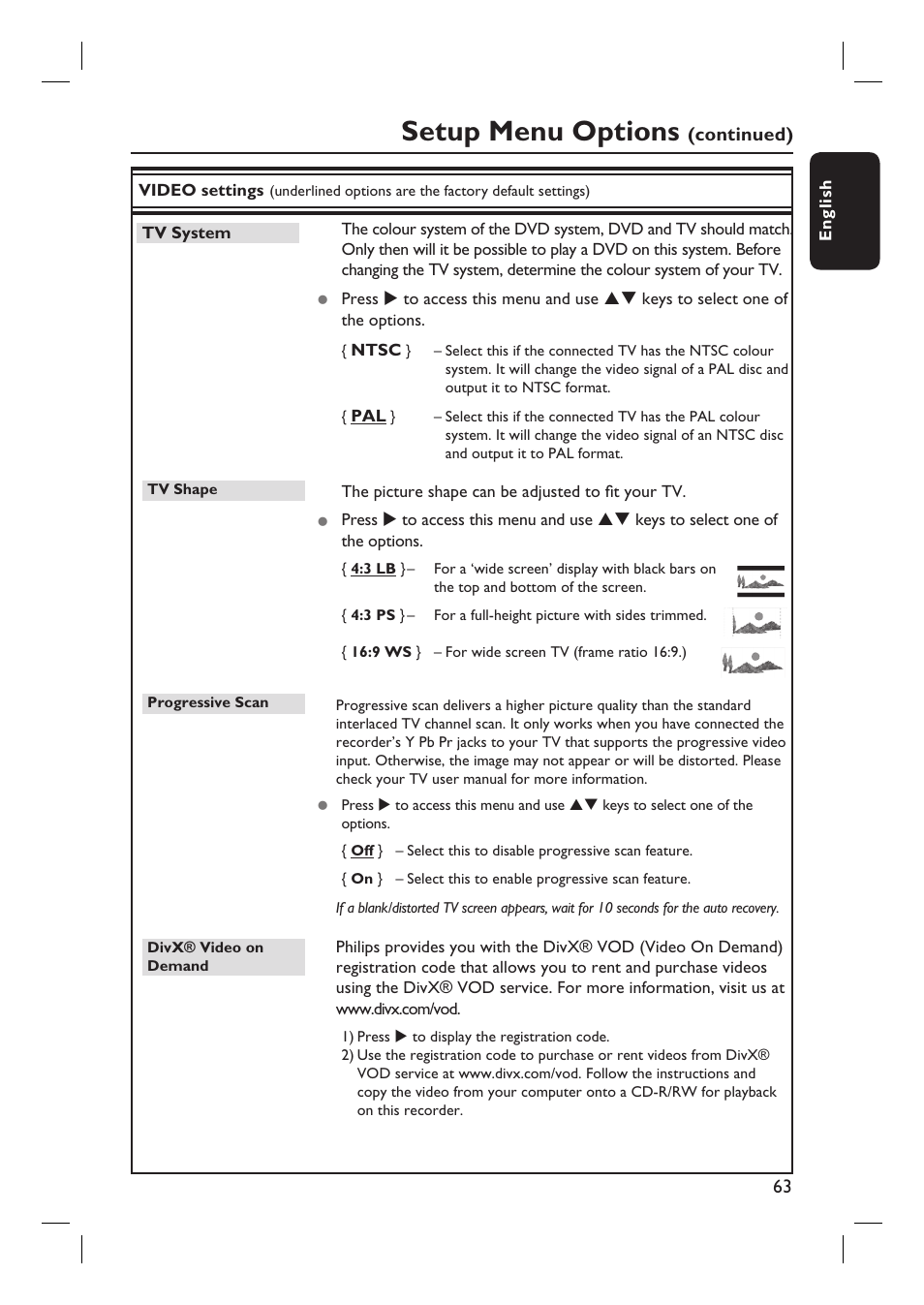 Setup menu options | Philips DVDR3360H User Manual | Page 63 / 73