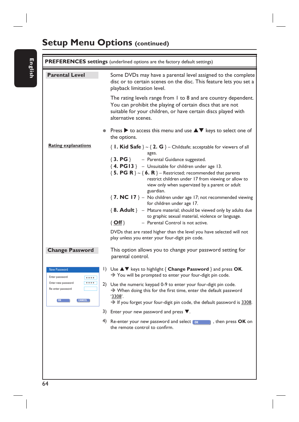 Setup menu options, Continued) | Philips DVDR3360H User Manual | Page 64 / 73