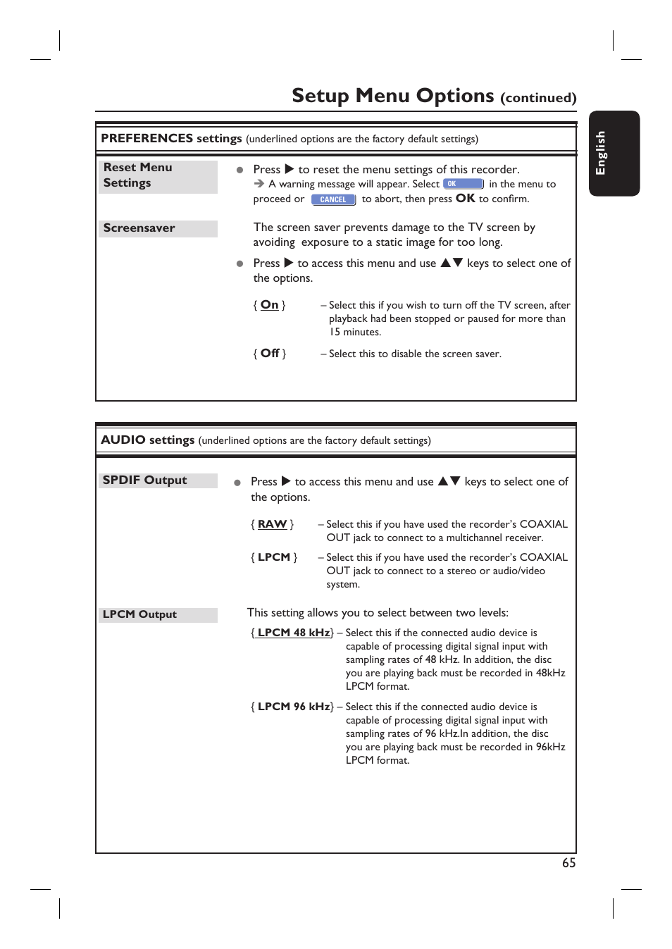 Setup menu options, Continued) | Philips DVDR3360H User Manual | Page 65 / 73