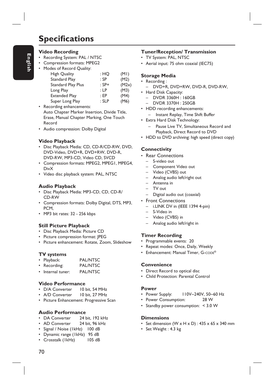 Specifi cations | Philips DVDR3360H User Manual | Page 70 / 73