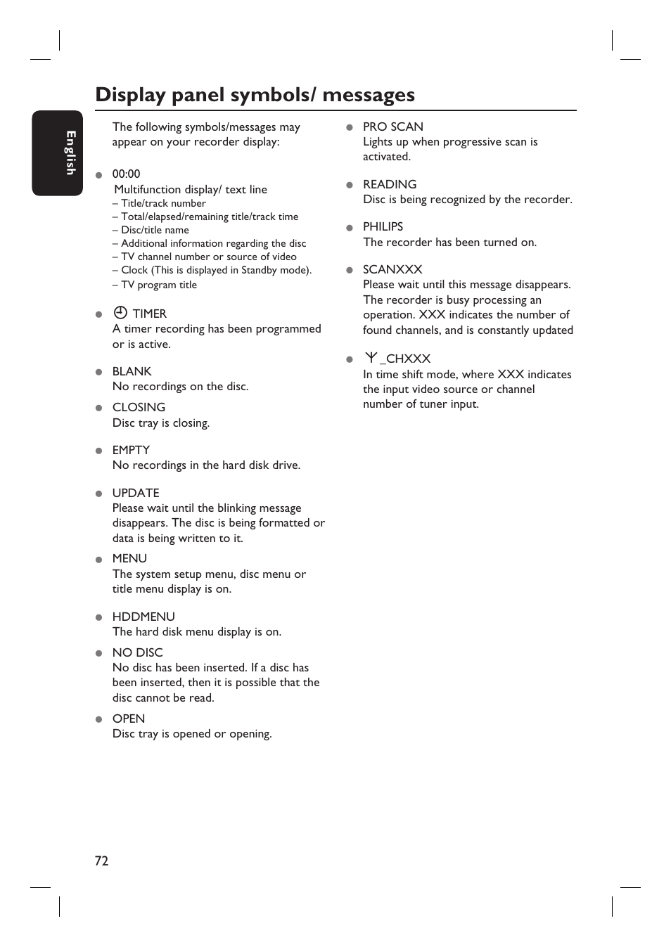 Display panel symbols/ messages | Philips DVDR3360H User Manual | Page 72 / 73