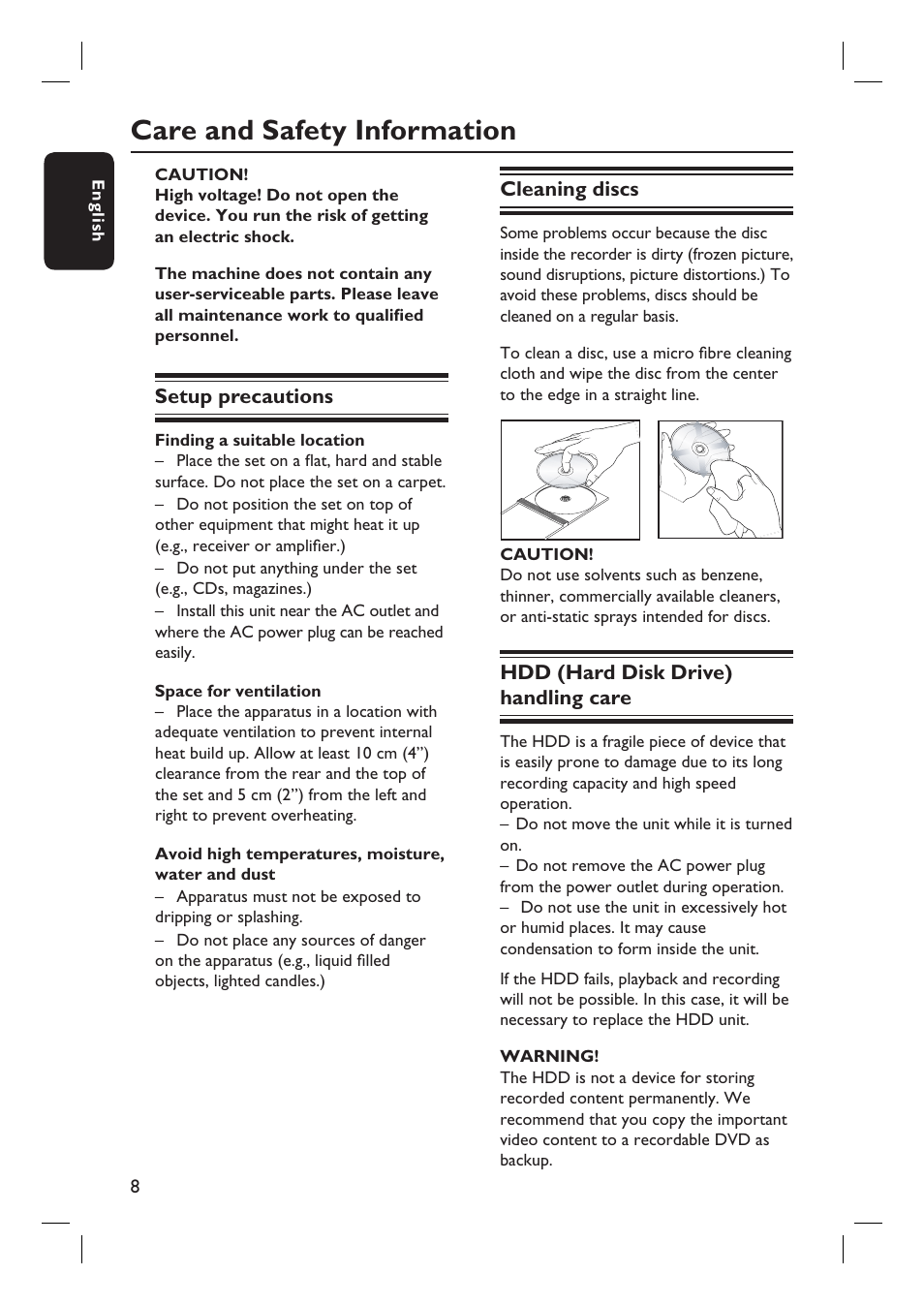 Care and safety information | Philips DVDR3360H User Manual | Page 8 / 73