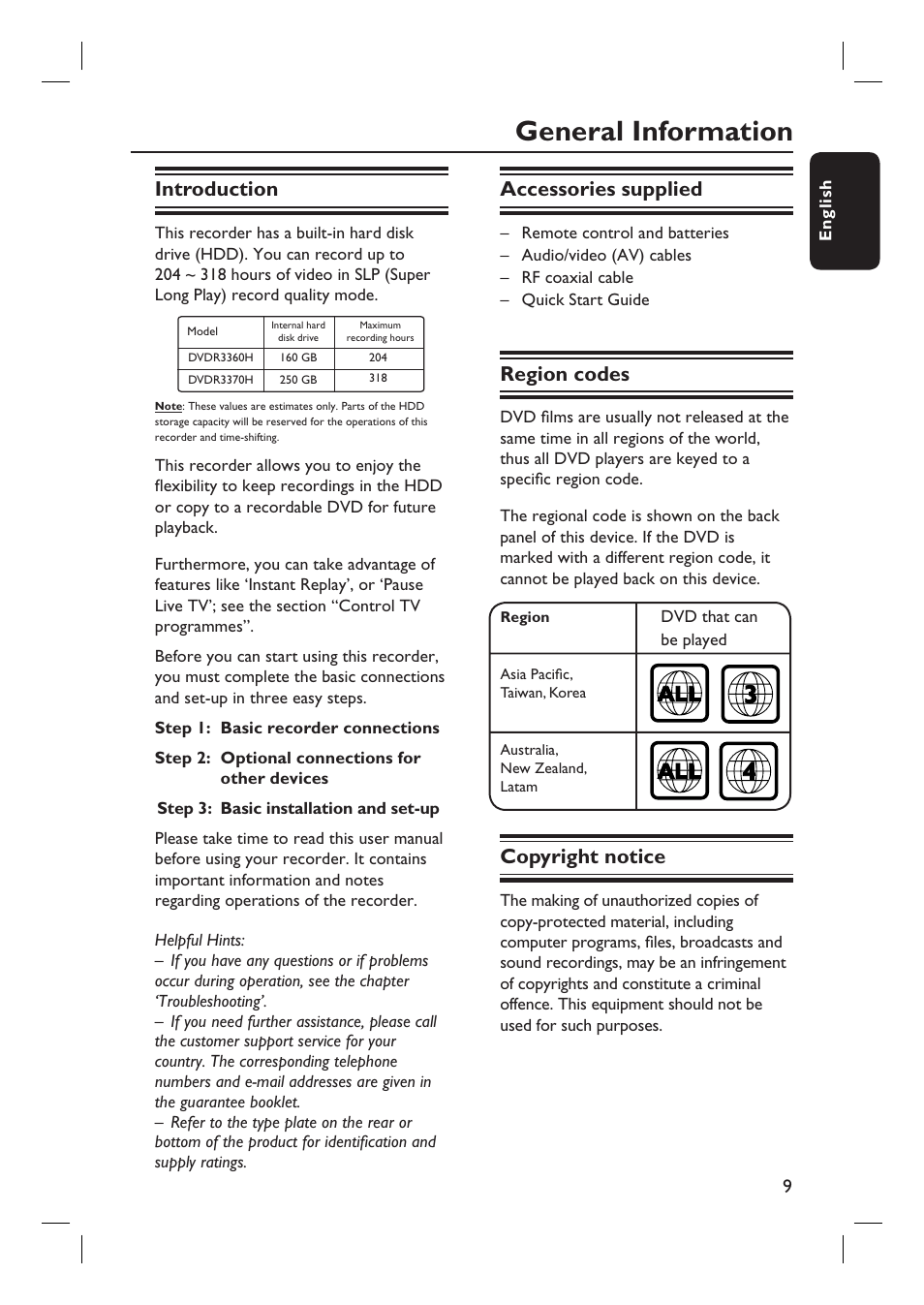 General information, Introduction, Accessories supplied | Region codes, Copyright notice | Philips DVDR3360H User Manual | Page 9 / 73