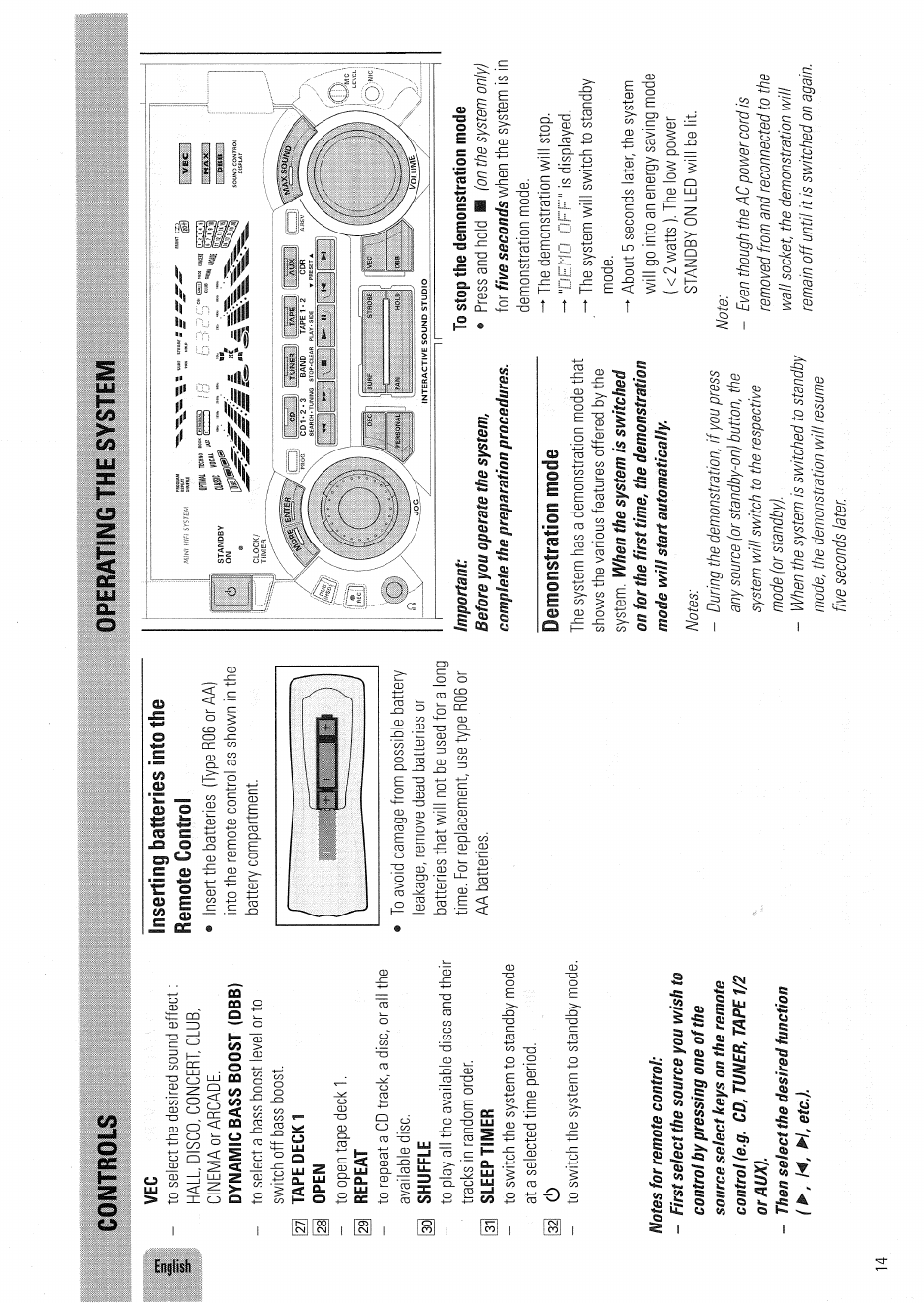 Demonstration mode, Controls operating the system | Philips FW830C User Manual | Page 14 / 80