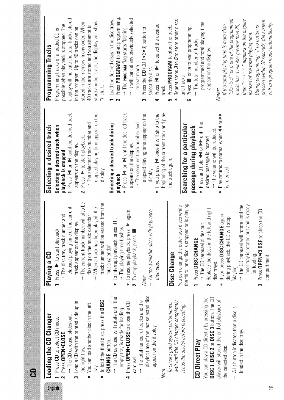 Loading the cd changer, Cd direct play, Playing a cd | Selecting a desired track, Searching for a particular passage during playback, Programming tracks, Cd -19 | Philips FW830C User Manual | Page 18 / 80