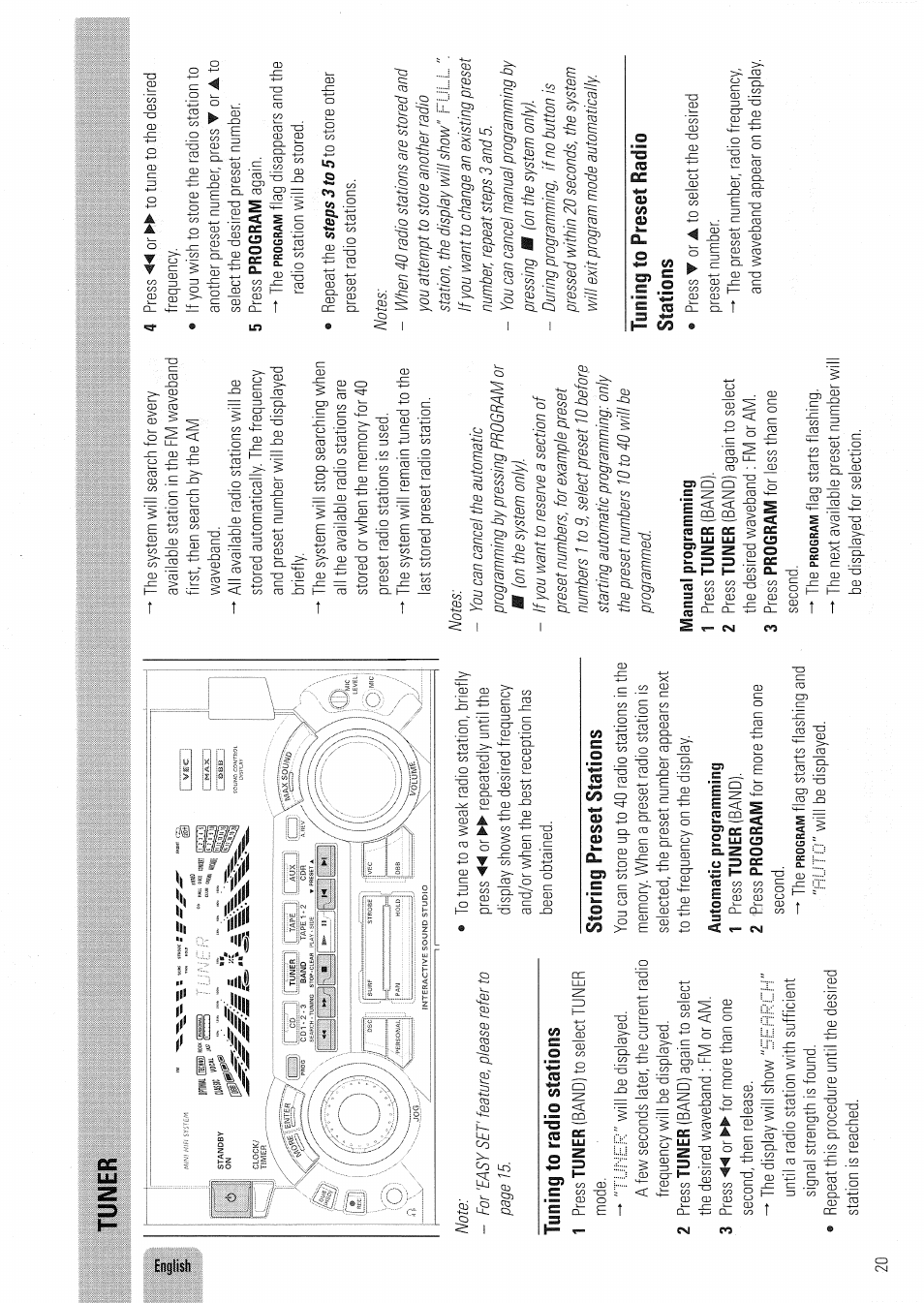 Tuning to radio stations, Storing preset stations, Tuning to preset radio stations | Philips FW830C User Manual | Page 20 / 80