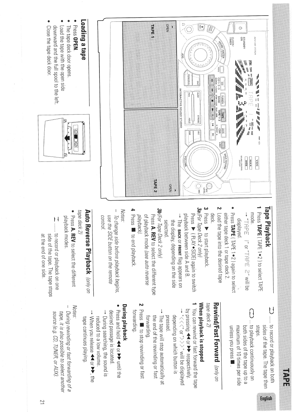 Tape, Tape playback, Loading a tape | Tape -22 | Philips FW830C User Manual | Page 21 / 80