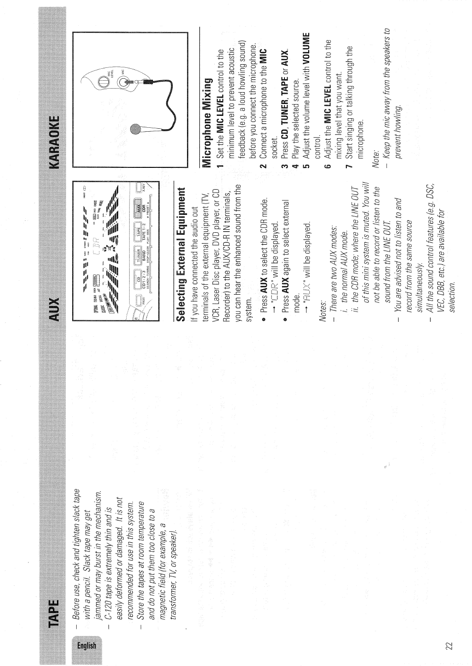 Karaoke, Selecting external equipment, Aux karaoke | Philips FW830C User Manual | Page 22 / 80