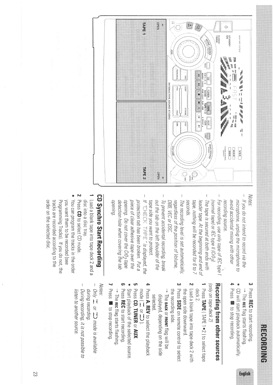 Iecordii^s, Cd synchro start recording, Recording from other sources | Philips FW830C User Manual | Page 23 / 80