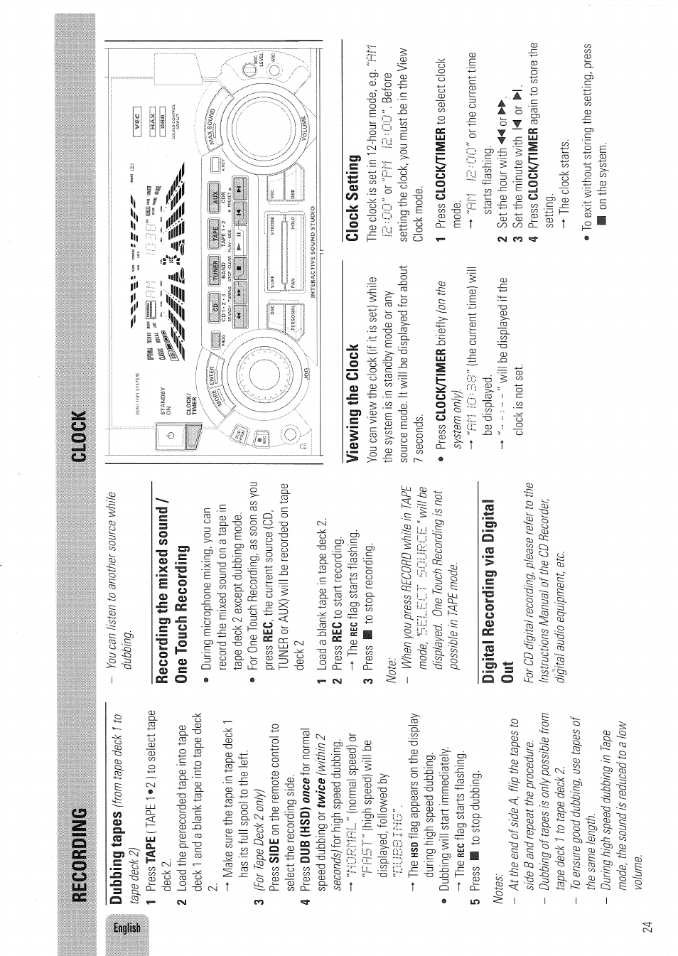 Recording tbe mixed sound / one touch recording, Digital recording via digital, Viewing the clock | Clock setting | Philips FW830C User Manual | Page 24 / 80