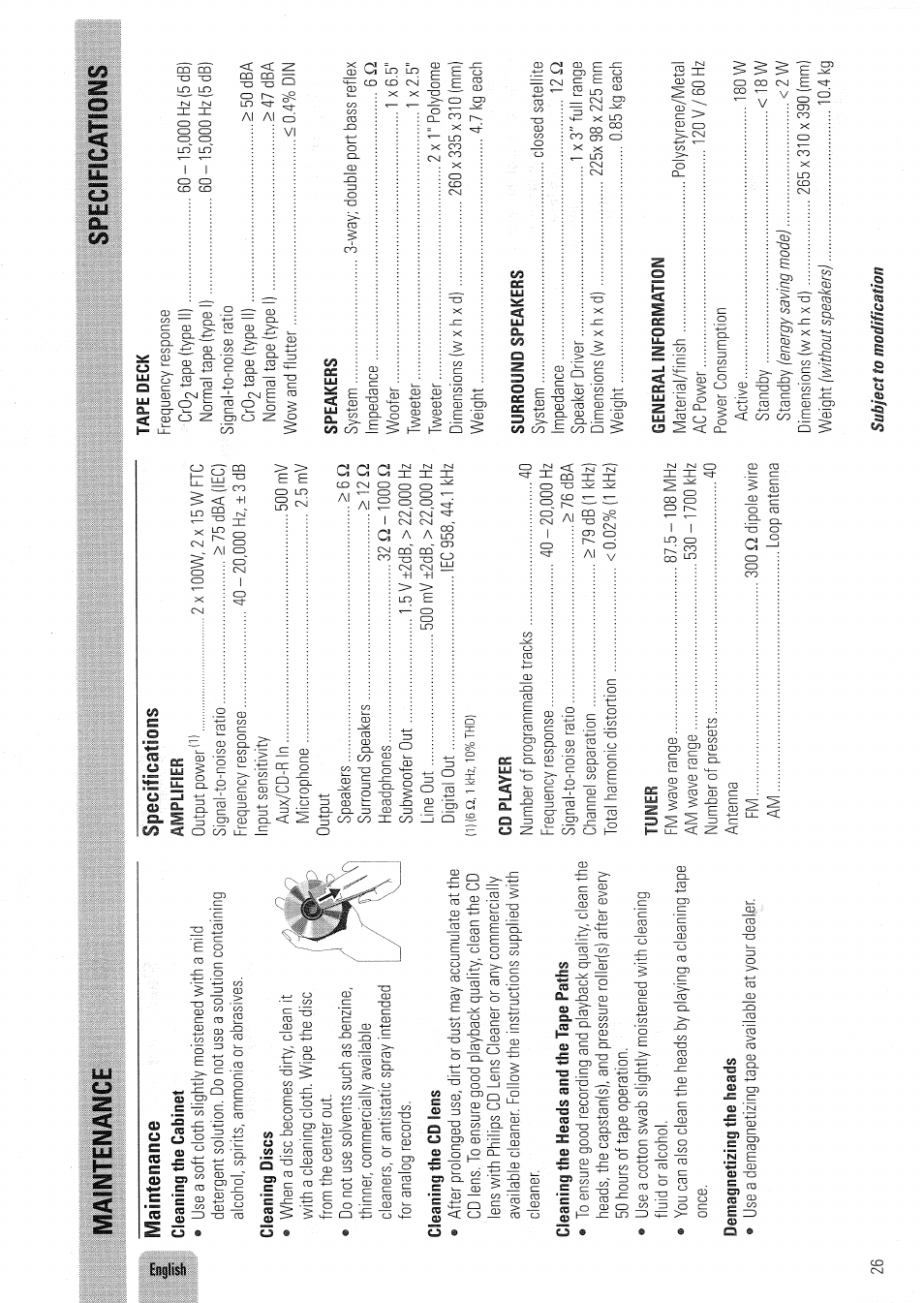 Maintenance, Specifications | Philips FW830C User Manual | Page 26 / 80