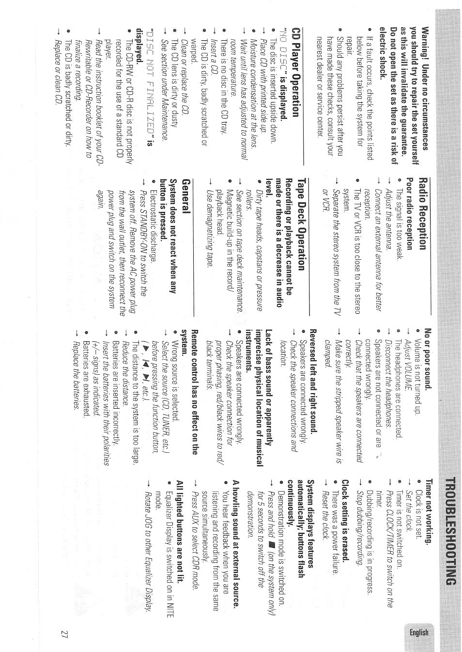 Troubleshooting, Cd player operation, Radio reception | Tape deck operation, General | Philips FW830C User Manual | Page 27 / 80