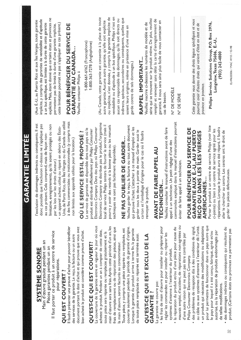 Garantie limitee | Philips FW830C User Manual | Page 32 / 80