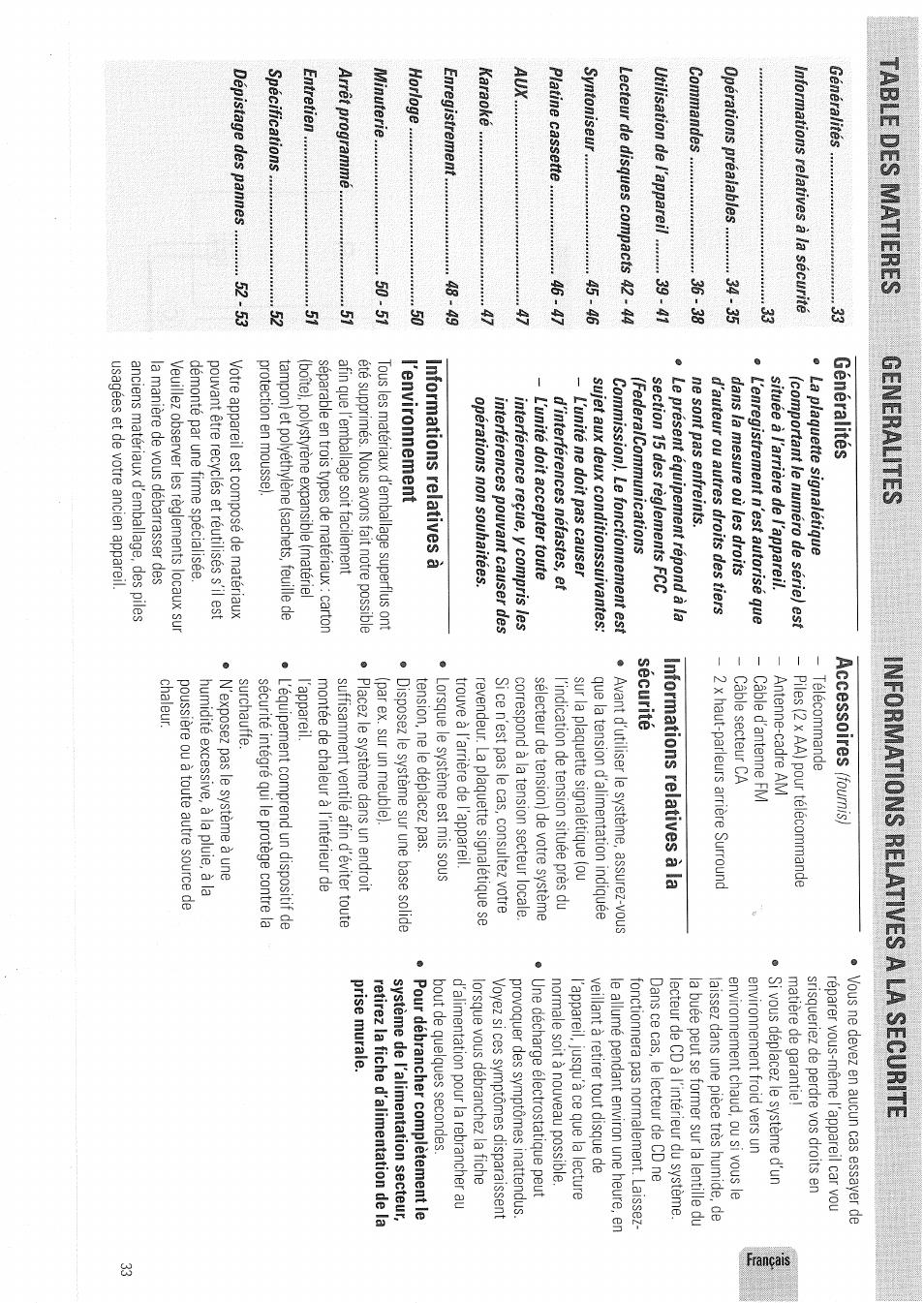 Table des matieres, Lifoimatiois relâtiïes a la securite, Generalites | Philips FW830C User Manual | Page 33 / 80