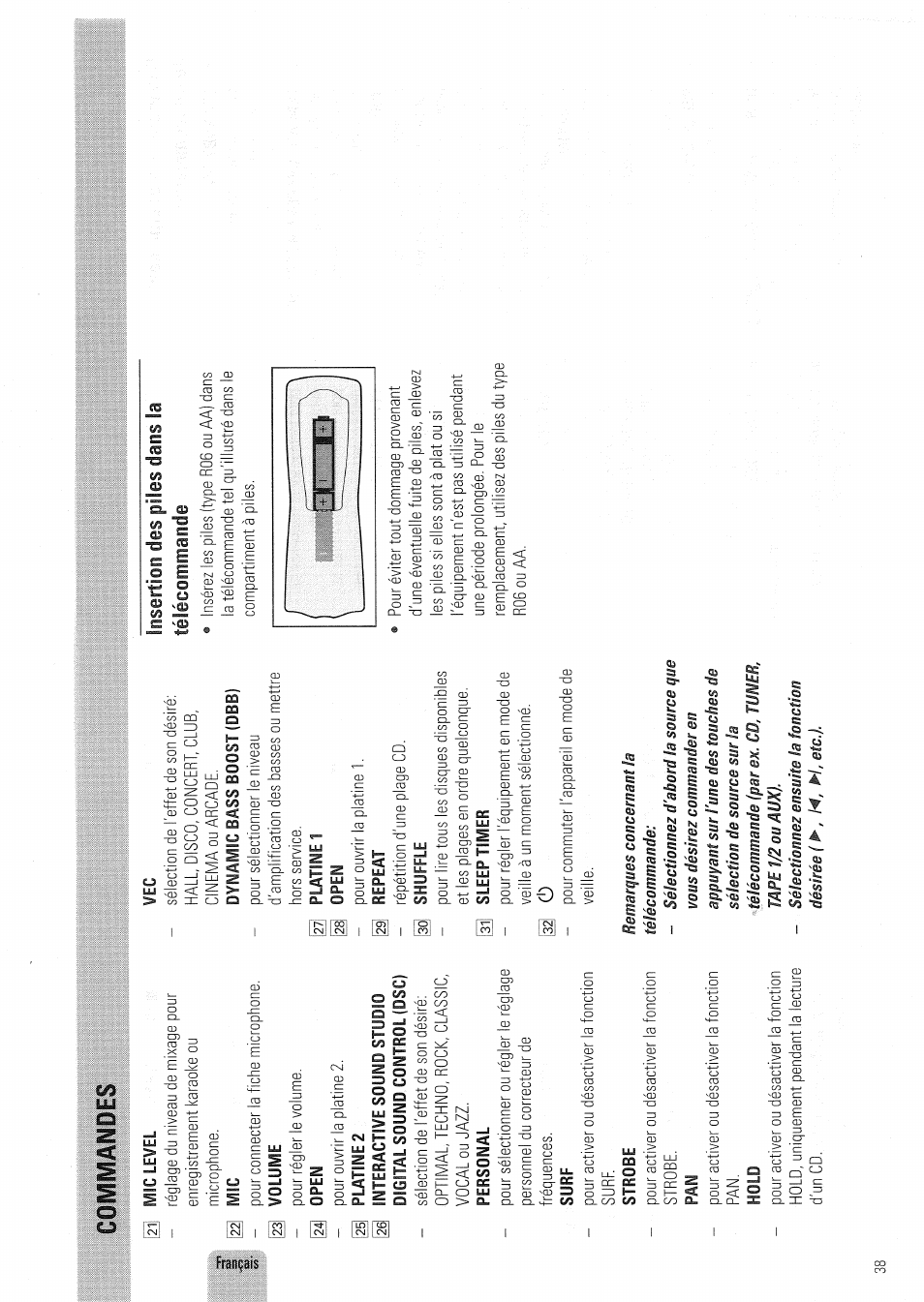 Insertion des piles dans la télécommande | Philips FW830C User Manual | Page 38 / 80