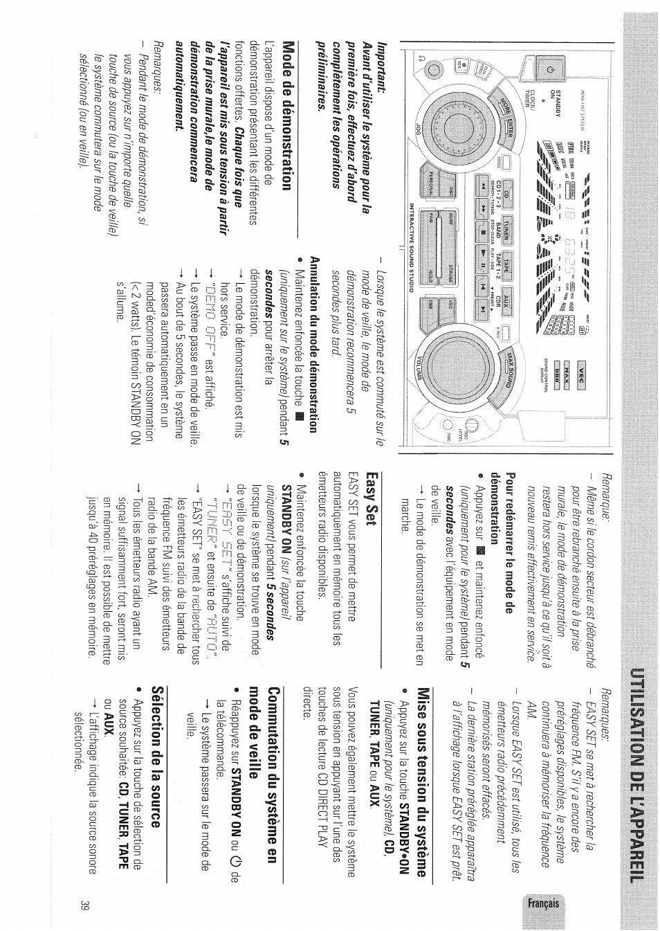 Irnysatlioi pe l'äppäieil, Mode de démonstration, Easy set | Mise sous tension du système, Commutation du système en, Sélection de la source | Philips FW830C User Manual | Page 39 / 80