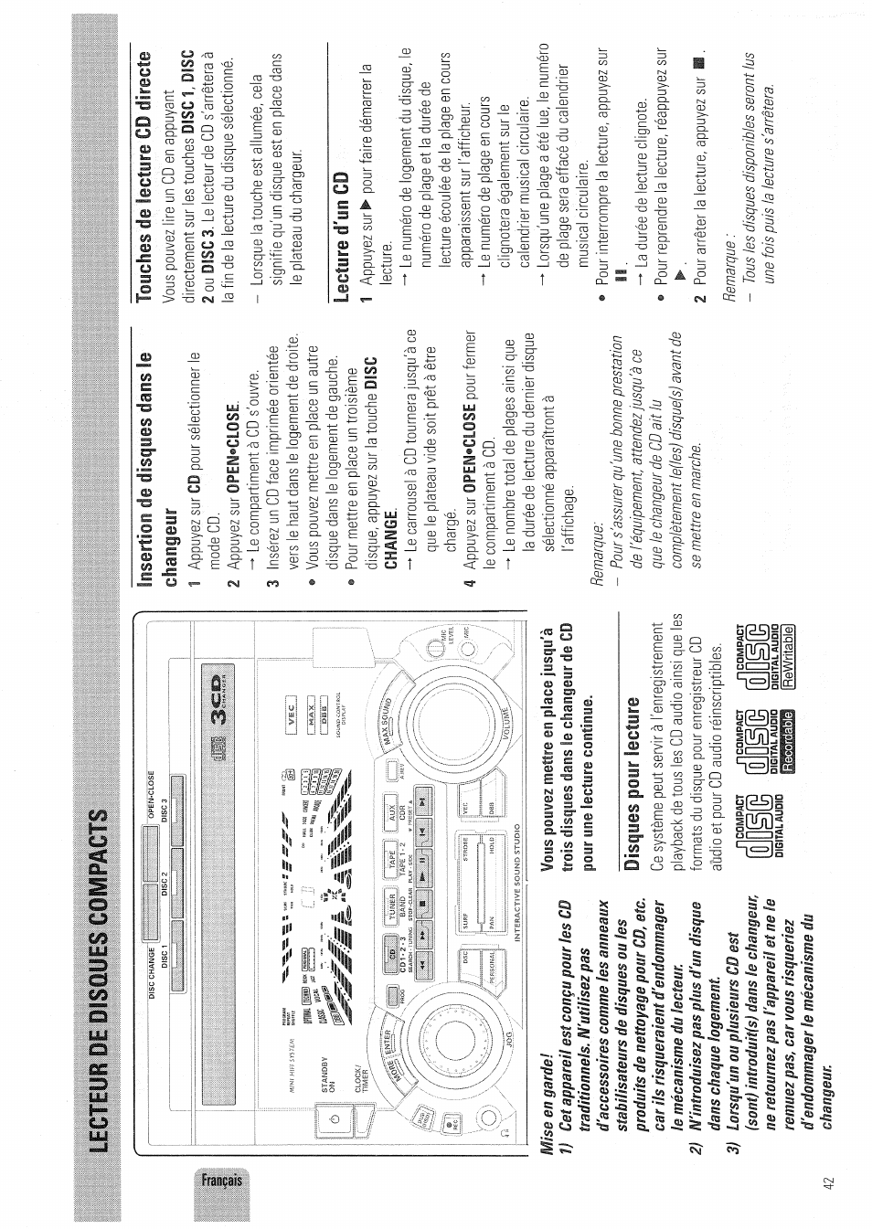 Lecteur de disoües compacts, Disques pour lecture, Insertion de disques dans le | Touches de lecture cd directe, Lecture d'un cd, Compacts, Lecteur, Disoües | Philips FW830C User Manual | Page 42 / 80