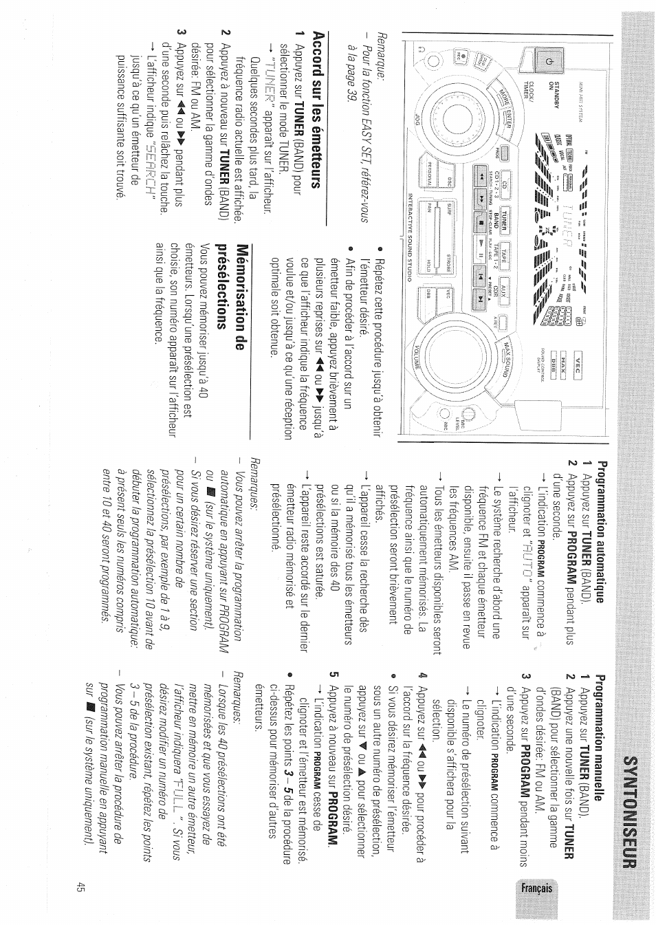 Sïitoiiseyr, Accord sur les émetteurs, Mémorisation de présélections | Philips FW830C User Manual | Page 45 / 80