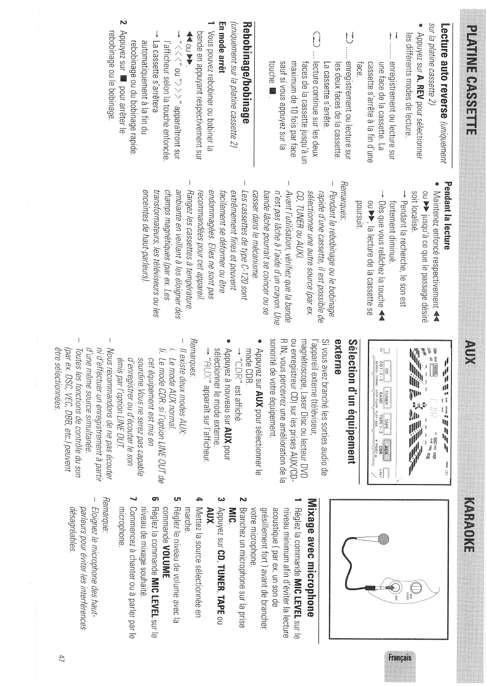 Lmim câsseiie, Lecture auto reverse (uniquement, Rebobinage/bobinage | Sélection d'un équipement externe, Mixage avec microphone, Câsseiie | Philips FW830C User Manual | Page 47 / 80