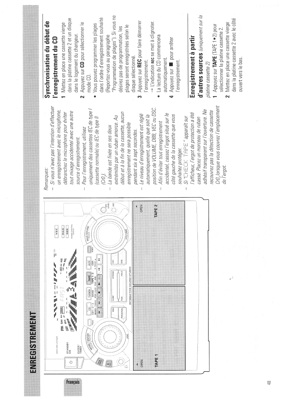 Enregfstrewieit, Synchronisation du début de renregistrement du cd, Enregistrement à partir | Enregistrement - 49 | Philips FW830C User Manual | Page 48 / 80