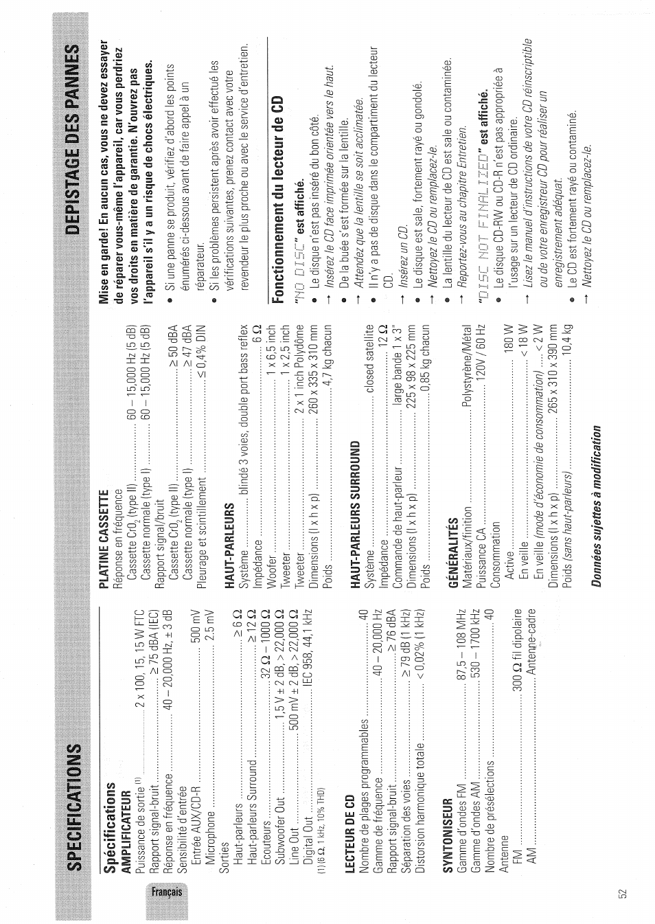 Depistage des paiies, Spécifications, Fonctionnement du lecteur de cd | Specircatîons depistage des paiies | Philips FW830C User Manual | Page 52 / 80