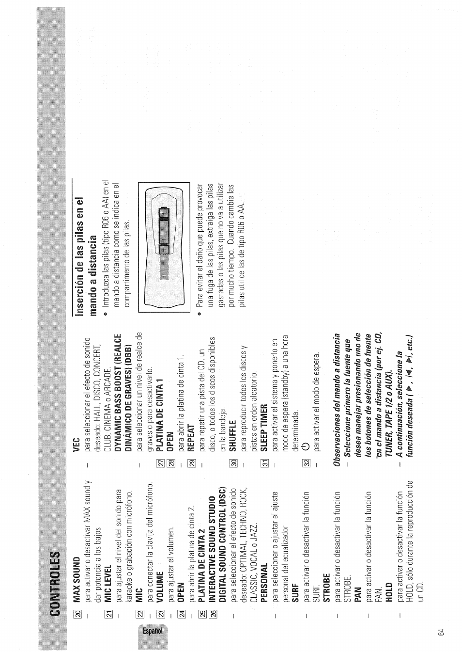 Controles | Philips FW830C User Manual | Page 64 / 80