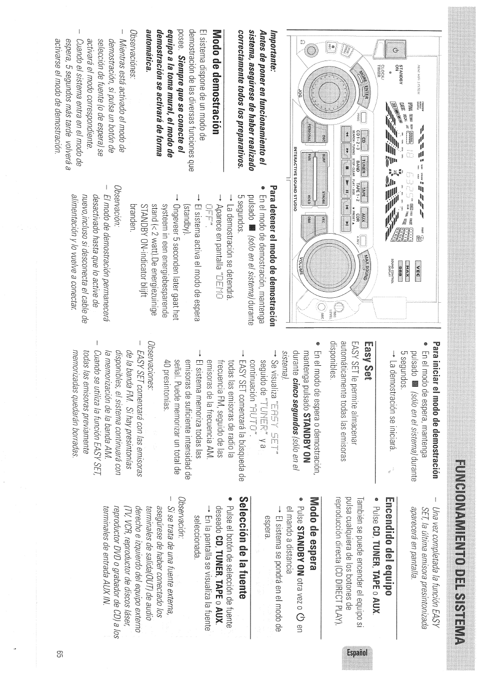 Föncioiamiento del sistema, Modo de demostración, Encendido del equipo | Fvlodo de espera, Selección de la fuente, Föncioiamiento | Philips FW830C User Manual | Page 65 / 80