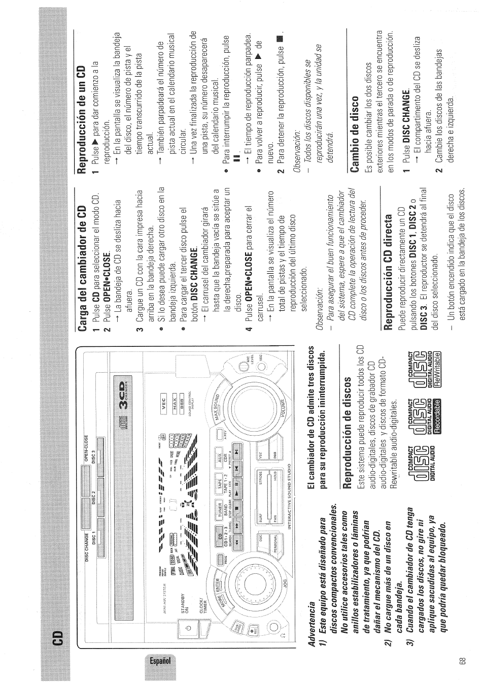 Reproducción de discos, Carga del cambiador de cd, Reproducción cd directa | Reproducción de un cd, Cambio de disco, Dйй й§e id§(g | Philips FW830C User Manual | Page 68 / 80