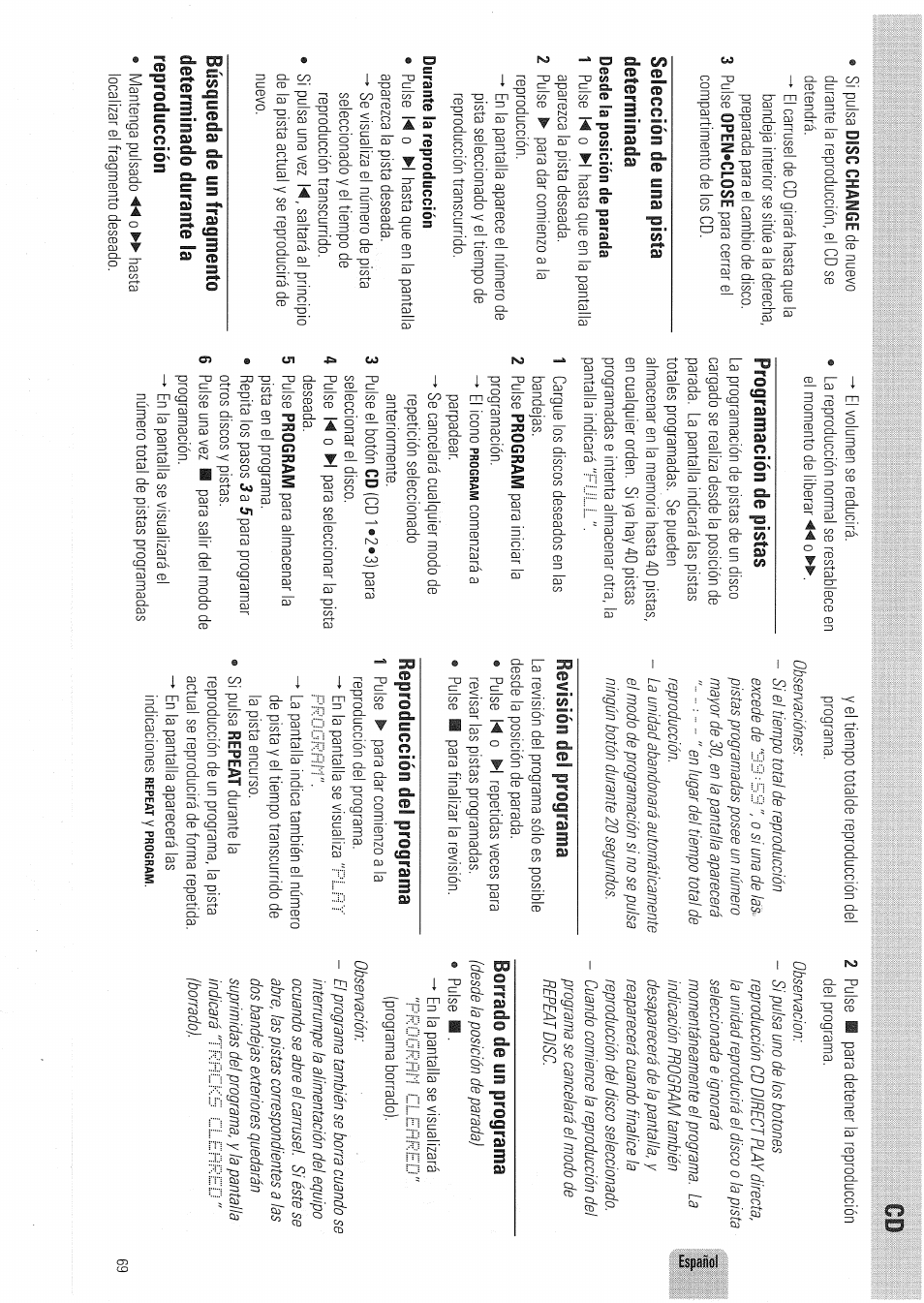 Selección de una pista determinada, Búsqueda de un fragmento, Programación de pistas | Reproducción del programa, Borrado de un programa | Philips FW830C User Manual | Page 69 / 80